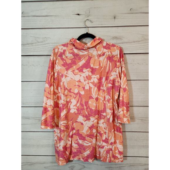 Weekends by Chico's Womens Orange Pink Floral Cotton Quarter Zip Blouse Size L - Picture 2 of 6